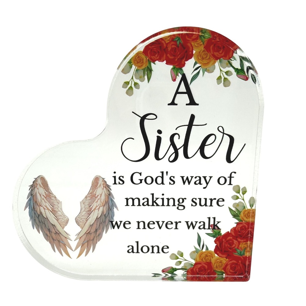 Sister Heart Acrylic Plaque Angel Wings Roses Inspirational Quote Gift 4 Inch